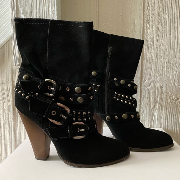 Steve Madden Black Studded Suede Rustik Boots with Chunky Block Heel Size 8.5M - Picture 3 of 16